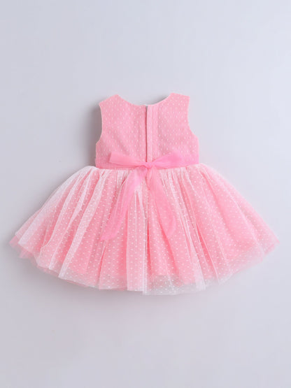 Sleeveless Dots Embroidered & Flower Applique Detailed Net Dress - Pink