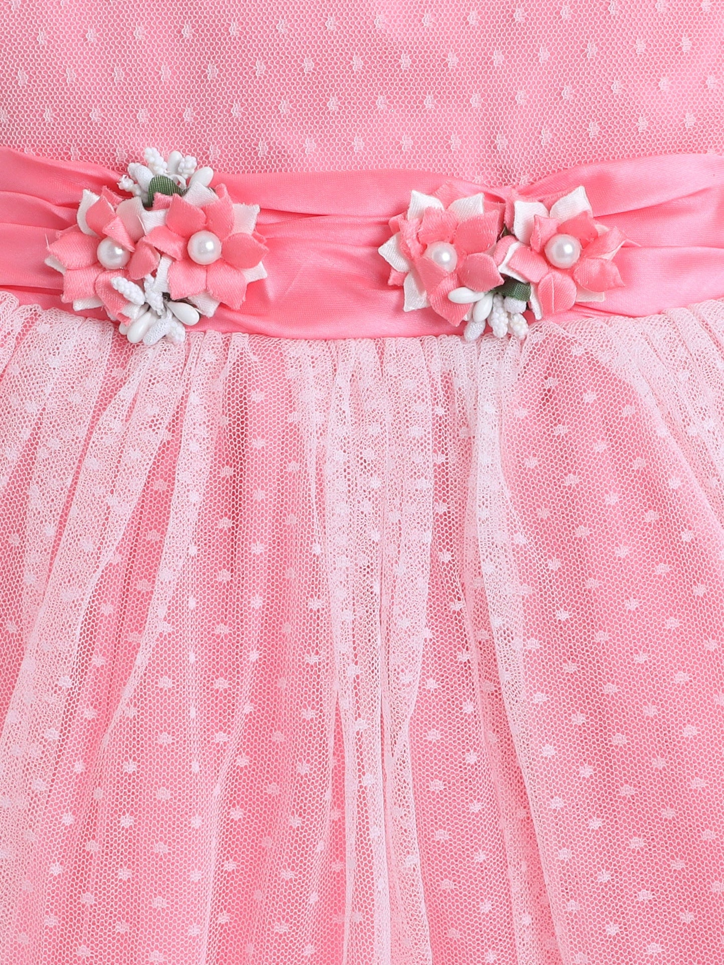 Sleeveless Dots Embroidered & Flower Applique Detailed Net Dress - Pink