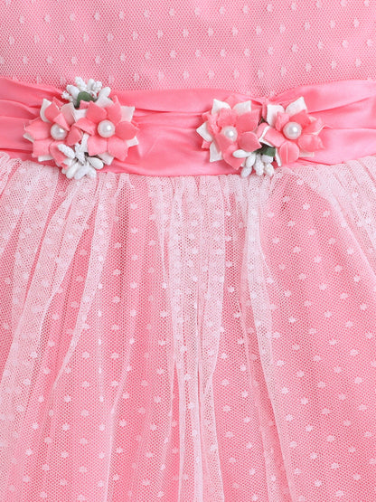 Sleeveless Dots Embroidered & Flower Applique Detailed Net Dress - Pink