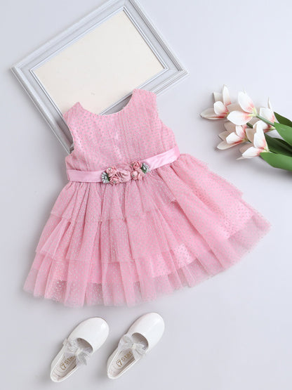 Sleeveless Flower Applique Detailed Shimmered Dress - Pink