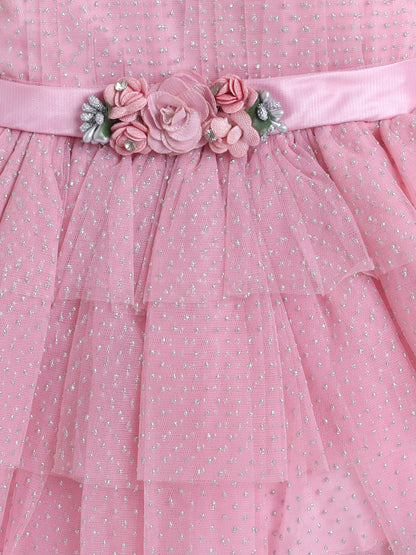 Sleeveless Flower Applique Detailed Shimmered Dress - Pink