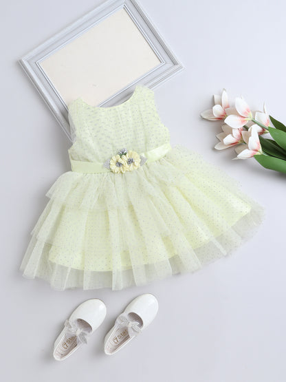 Sleeveless Flower Applique Net Dress - Yellow