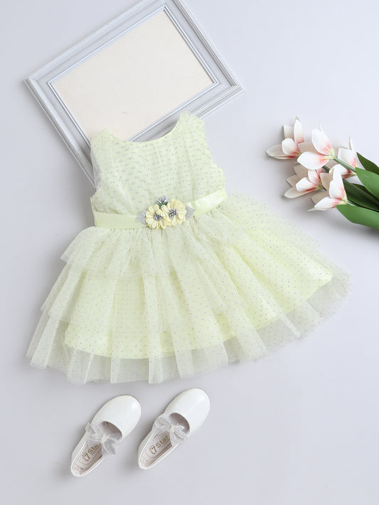 Sleeveless Flower Applique Net Dress - Yellow