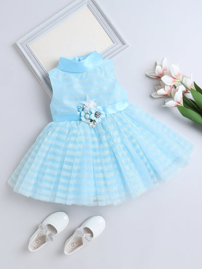 Sleeveless Flower Applique Detailed Shimmered Dress - Blue