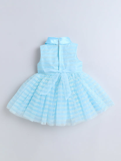 Sleeveless Flower Applique Detailed Shimmered Dress - Blue