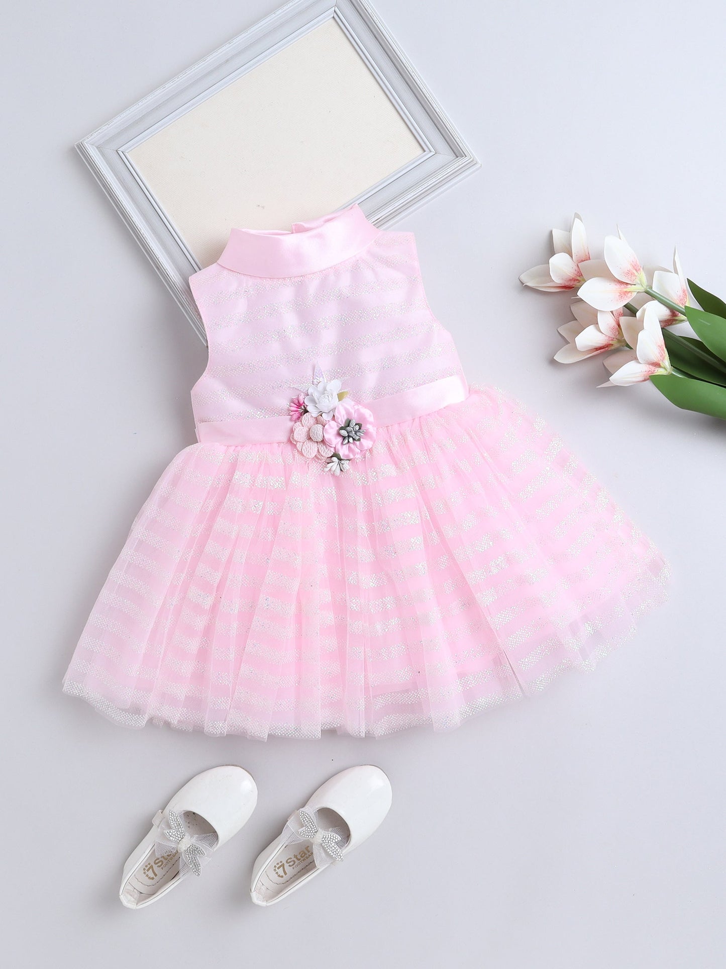 The Magic Wand Sleeveless Flower Applique Net Dress - Pink
