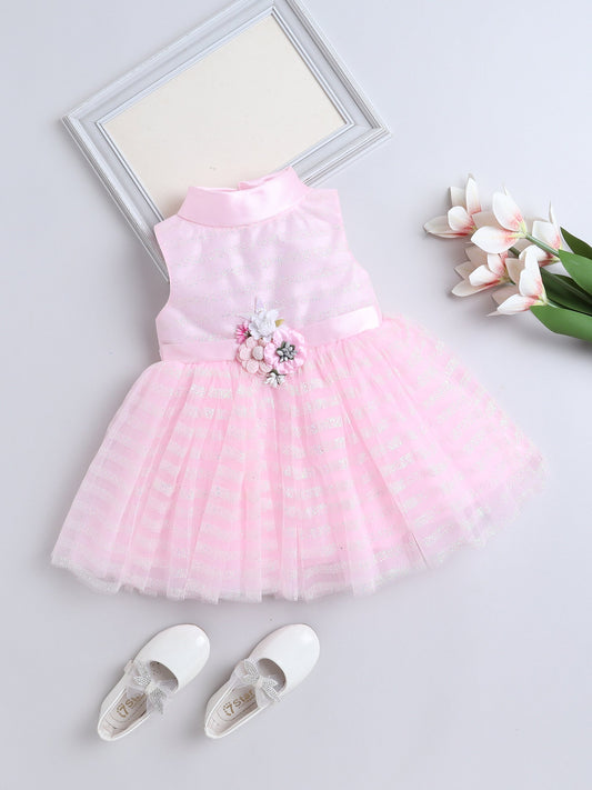The Magic Wand Sleeveless Flower Applique Net Dress - Pink