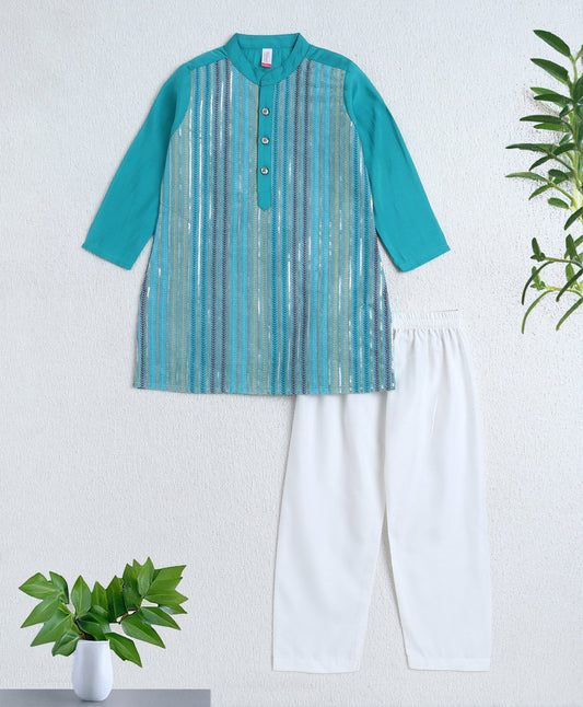 Woven Full Sleeves Sequin Embroidery Work Kurta and Pyjama Set - Turquoise Blue