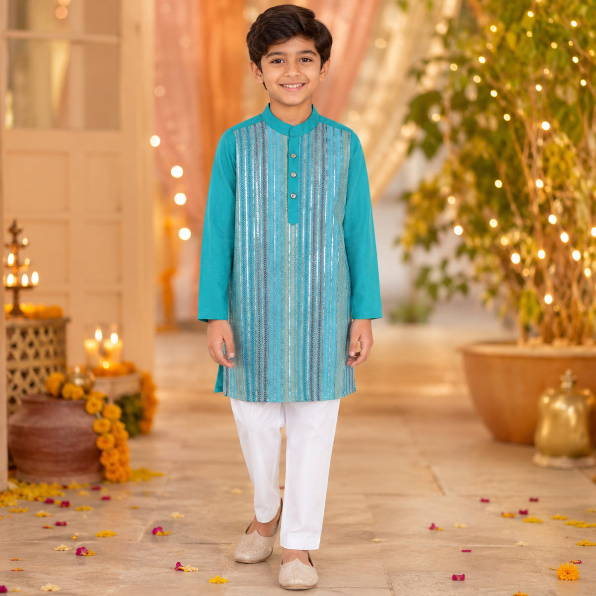 Woven Full Sleeves Sequin Embroidery Work Kurta and Pyjama Set - Turquoise Blue