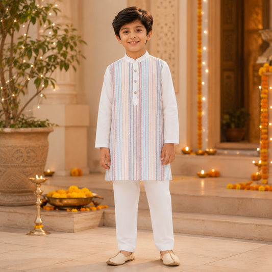 Woven Full Sleeves Sequin Embroidery Work Kurta and Pyjama Set- White