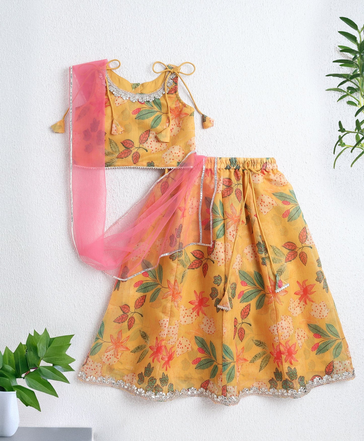 Cotton Woven Shoulder Tie Up Chanderi Digital Print Choli and Lehenga Set with Dupatta- Yellow