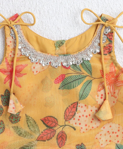 Cotton Woven Shoulder Tie Up Chanderi Digital Print Choli and Lehenga Set with Dupatta- Yellow