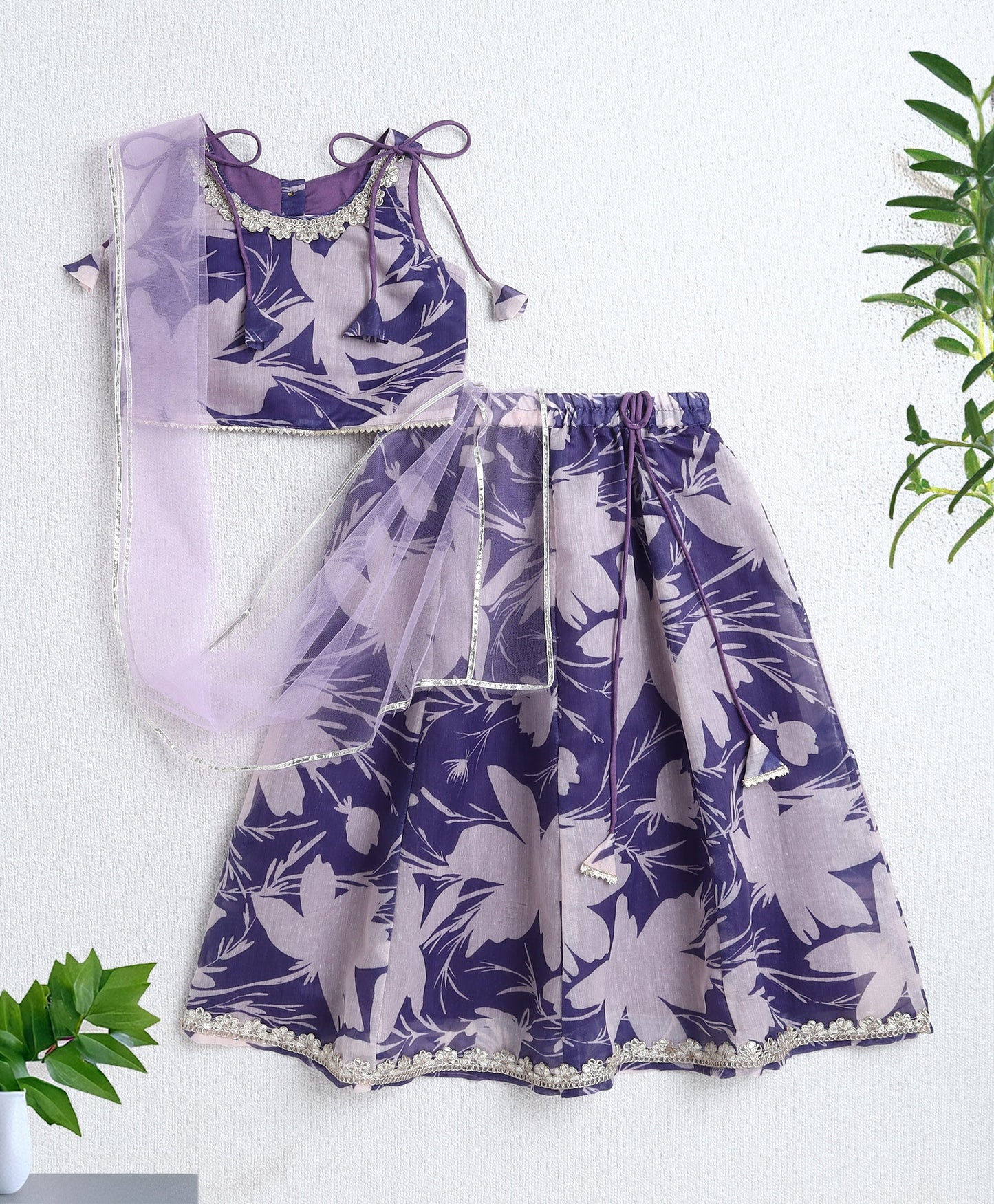 Cotton Woven Shoulder Tie Up Floral Printed Choli and Lehenga Set with Dupatta- Lavender
