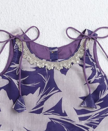 Cotton Woven Shoulder Tie Up Floral Printed Choli and Lehenga Set with Dupatta- Lavender