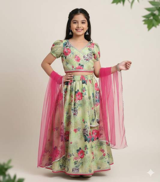 Puff Slevees Digital Floral Printed Choli and Lehenga Set with Dupatta- Green