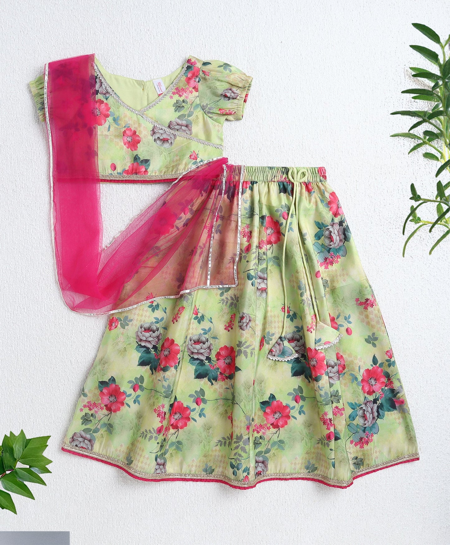 The Magic Wand Woven Puff Slevees Digital Floral Printed Choli and Lehenga Set with Dupatta- Green