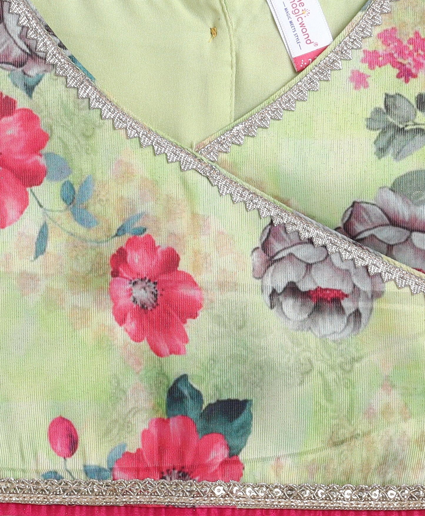 The Magic Wand Woven Puff Slevees Digital Floral Printed Choli and Lehenga Set with Dupatta- Green
