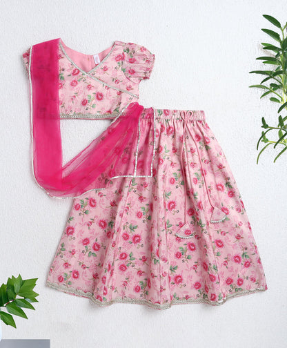The Magic Wand Woven Puff Slevees Digital Floral Printed Choli and Lehenga Set with Dupatta- Pink