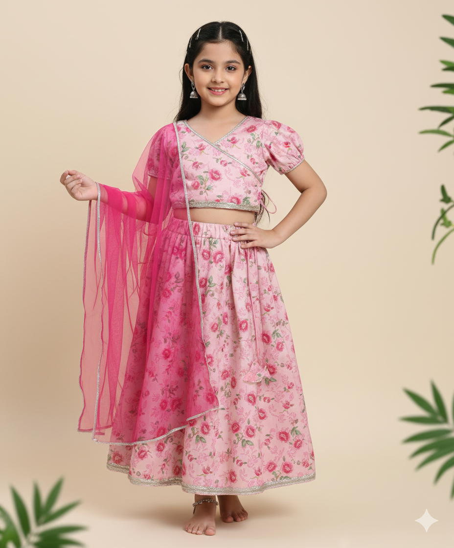 Digital Floral Printed Choli and Lehenga Set with Dupatta- Pink