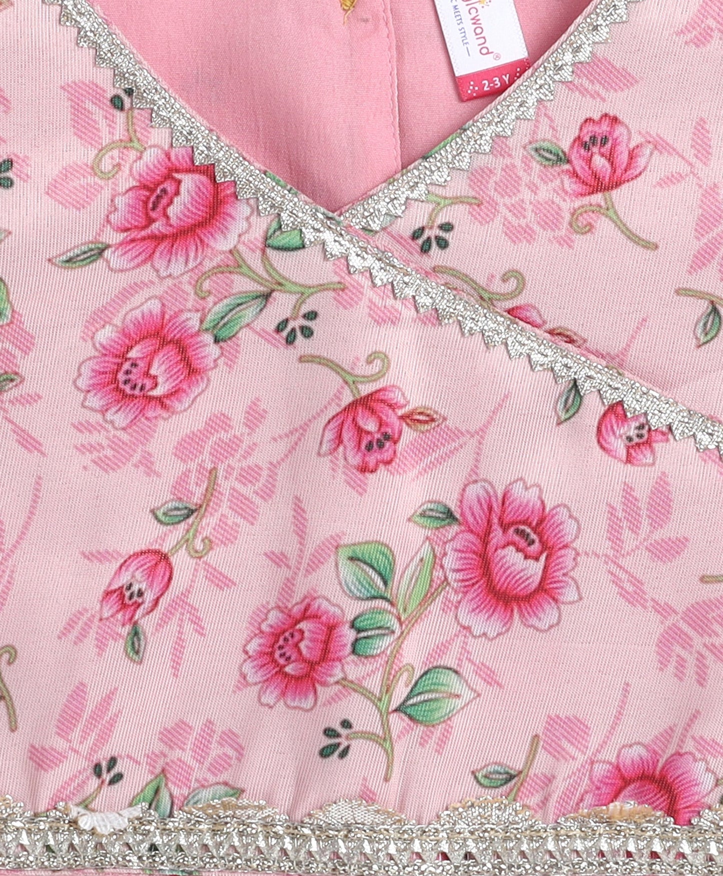 The Magic Wand Woven Puff Slevees Digital Floral Printed Choli and Lehenga Set with Dupatta- Pink