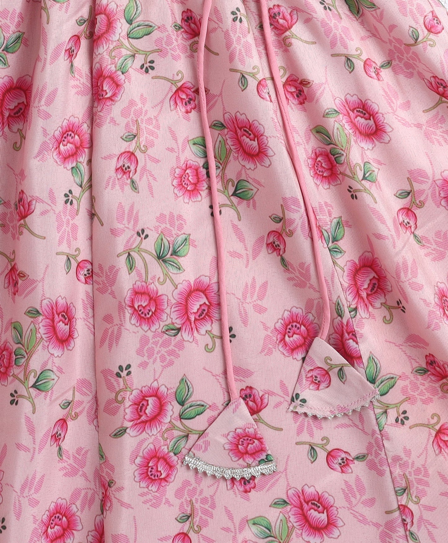 The Magic Wand Woven Puff Slevees Digital Floral Printed Choli and Lehenga Set with Dupatta- Pink