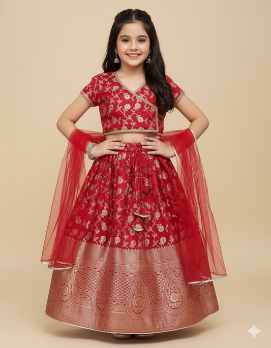 The Magic Wand Jacquard Woven Puff Sleeves Leaves Foil Printed & Gota Lace Embellished Choli Lehenga With Dupatta Set- Red