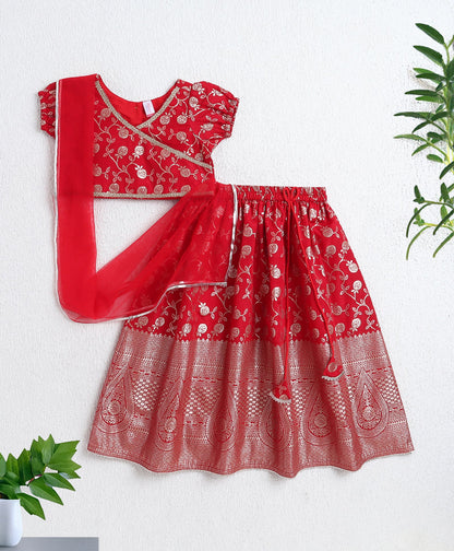 The Magic Wand Jacquard Woven Puff Sleeves Leaves Foil Printed & Gota Lace Embellished Choli Lehenga With Dupatta Set- Red
