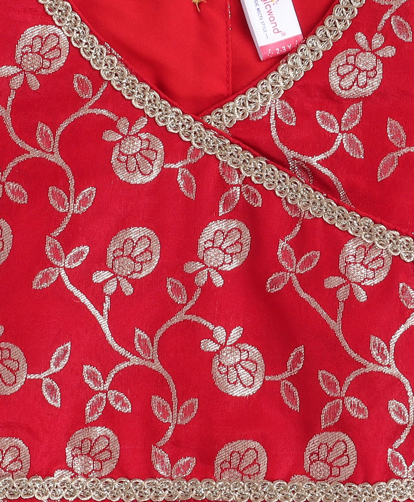The Magic Wand Jacquard Woven Puff Sleeves Leaves Foil Printed & Gota Lace Embellished Choli Lehenga With Dupatta Set- Red