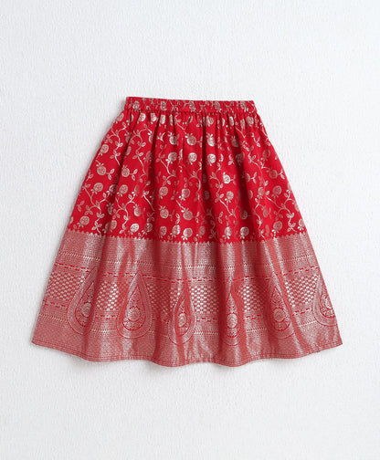 The Magic Wand Jacquard Woven Puff Sleeves Leaves Foil Printed & Gota Lace Embellished Choli Lehenga With Dupatta Set- Red