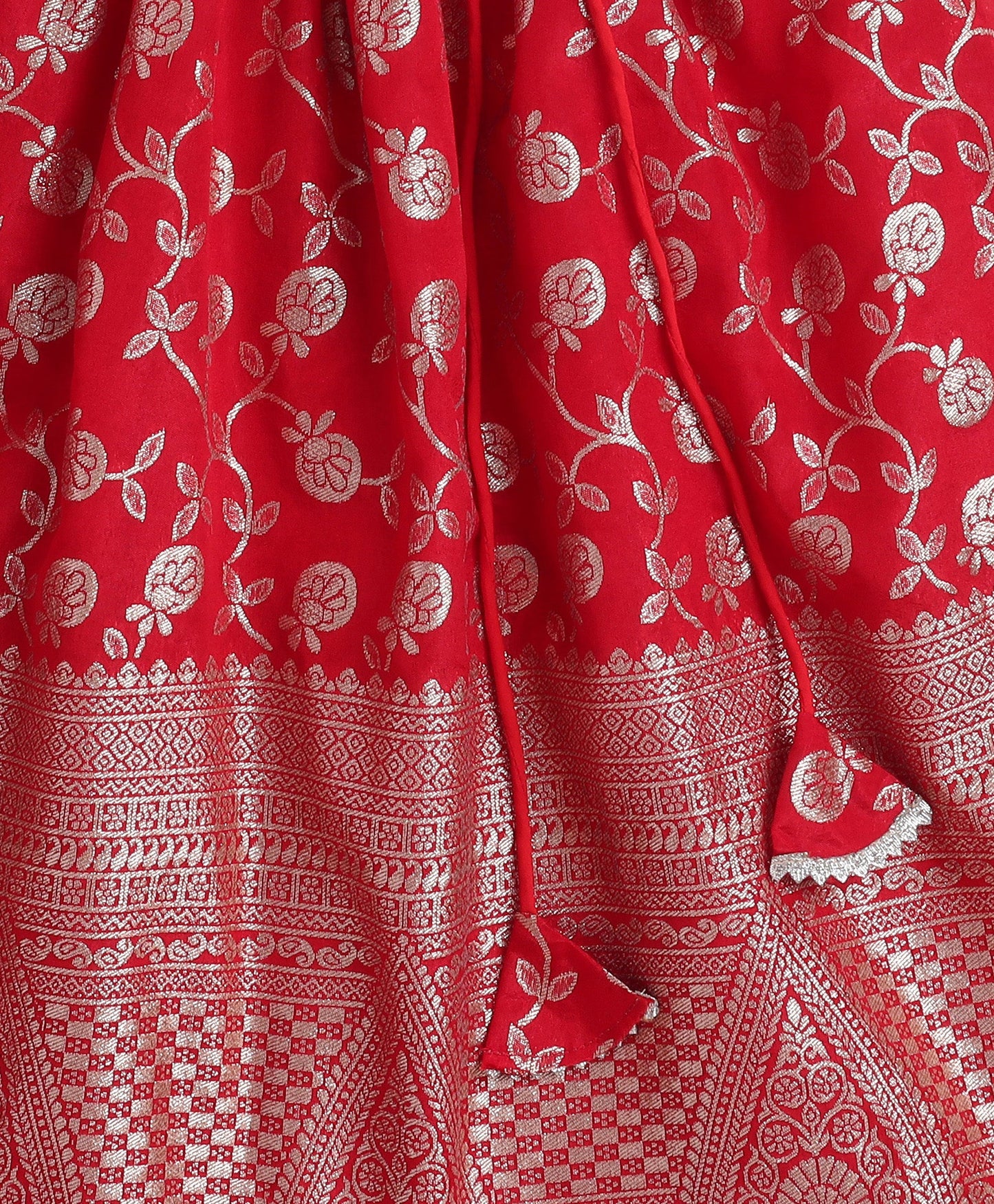 The Magic Wand Jacquard Woven Puff Sleeves Leaves Foil Printed & Gota Lace Embellished Choli Lehenga With Dupatta Set- Red
