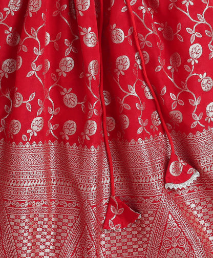 The Magic Wand Jacquard Woven Puff Sleeves Leaves Foil Printed & Gota Lace Embellished Choli Lehenga With Dupatta Set- Red