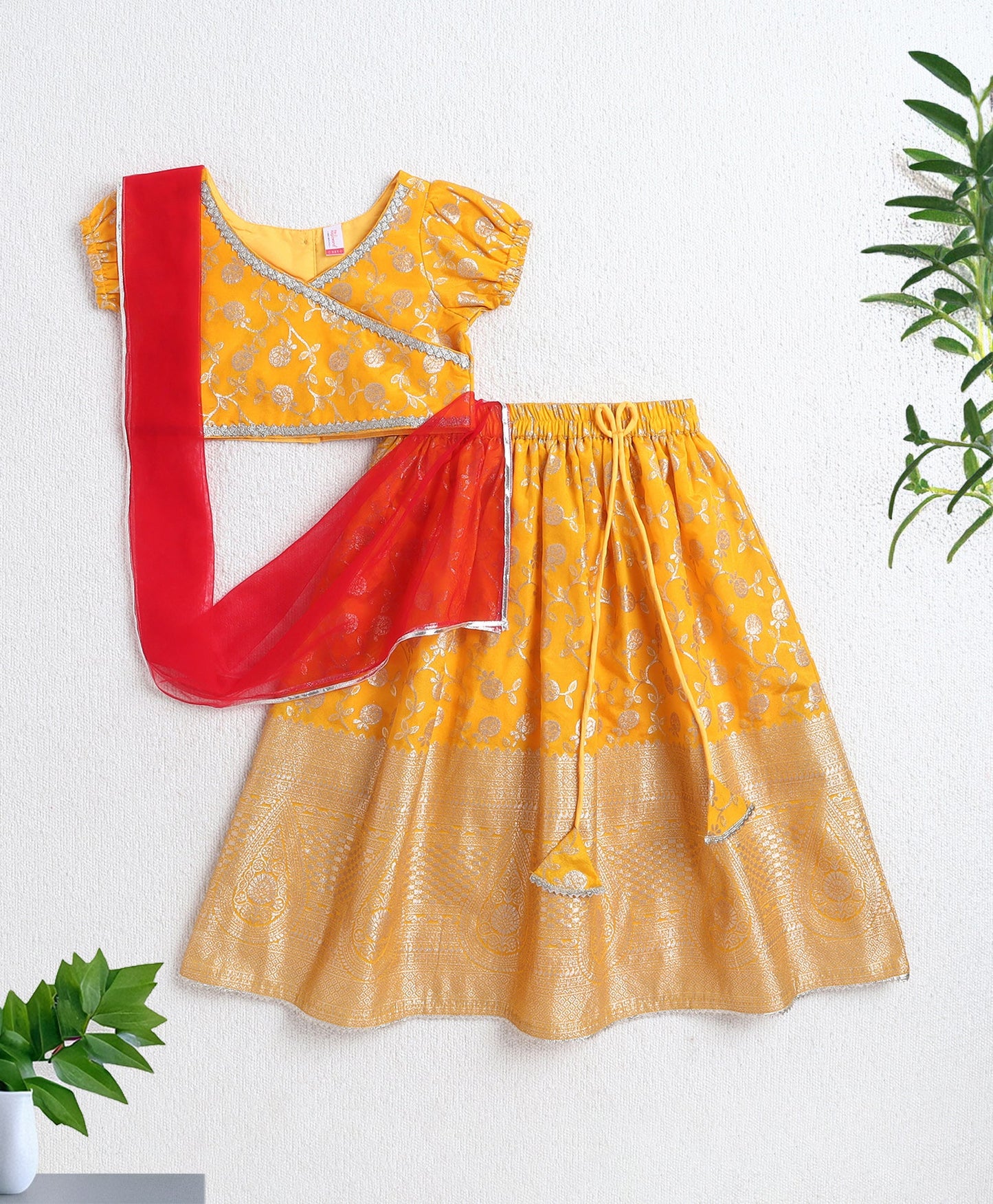 The Magic Wand Jacquard Woven Puff Sleeves Leaves Foil Printed & Gota Lace Embellished Choli Lehenga With Dupatta Set- Yellow