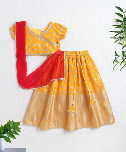 The Magic Wand Jacquard Woven Puff Sleeves Leaves Foil Printed & Gota Lace Embellished Choli Lehenga With Dupatta Set- Yellow