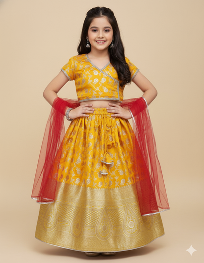 The Magic Wand Jacquard Woven Puff Sleeves Leaves Foil Printed & Gota Lace Embellished Choli Lehenga With Dupatta Set- Yellow