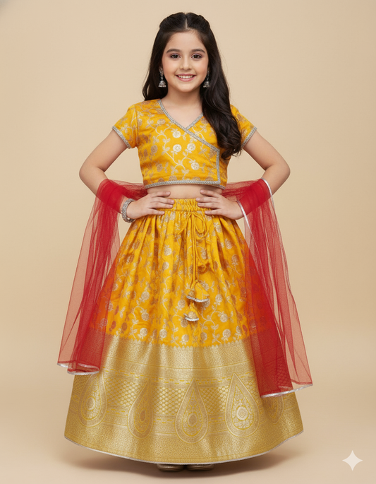 The Magic Wand Jacquard Woven Puff Sleeves Leaves Foil Printed & Gota Lace Embellished Choli Lehenga With Dupatta Set- Yellow