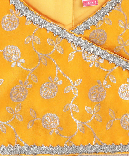 The Magic Wand Jacquard Woven Puff Sleeves Leaves Foil Printed & Gota Lace Embellished Choli Lehenga With Dupatta Set- Yellow
