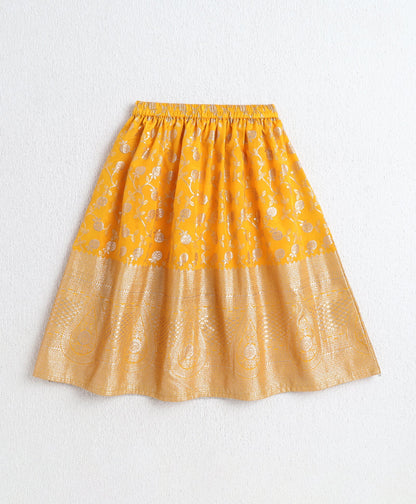 The Magic Wand Jacquard Woven Puff Sleeves Leaves Foil Printed & Gota Lace Embellished Choli Lehenga With Dupatta Set- Yellow