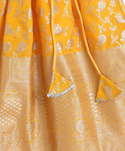 The Magic Wand Jacquard Woven Puff Sleeves Leaves Foil Printed & Gota Lace Embellished Choli Lehenga With Dupatta Set- Yellow