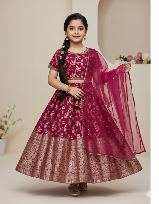 Foil Printed & Gota Lace Jacquard Woven Embellished Choli Lehenga With Dupatta Set- Fuchisa