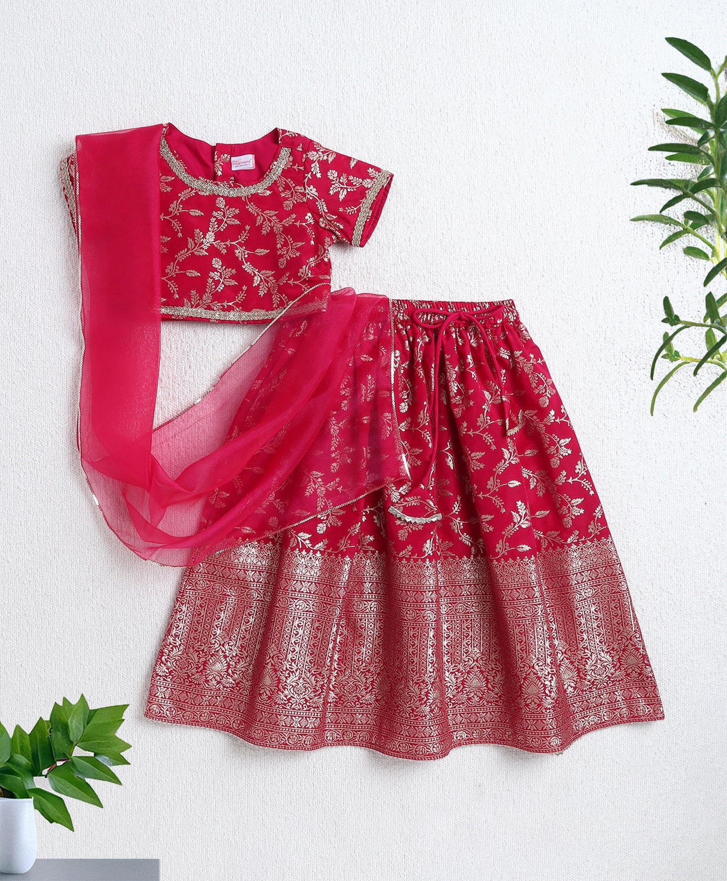 The Magic Wand Jacquard Woven Half Sleeves Leaves Foil Printed & Gota Lace Embellished Choli Lehenga With Dupatta Set- Fuchisa