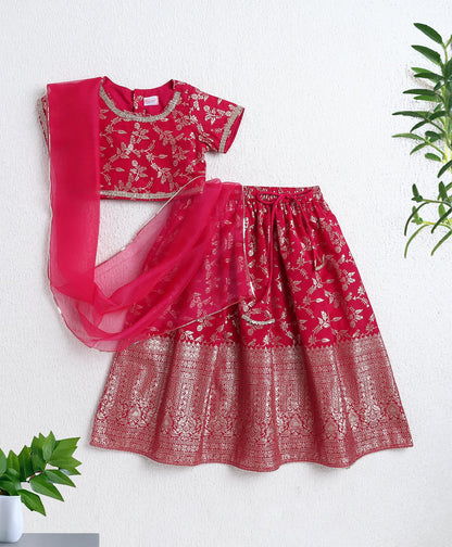 The Magic Wand Jacquard Woven Half Sleeves Leaves Foil Printed & Gota Lace Embellished Choli Lehenga With Dupatta Set- Fuchisa