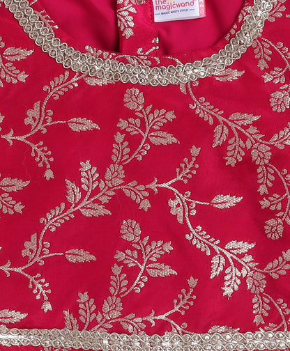 The Magic Wand Jacquard Woven Half Sleeves Leaves Foil Printed & Gota Lace Embellished Choli Lehenga With Dupatta Set- Fuchisa
