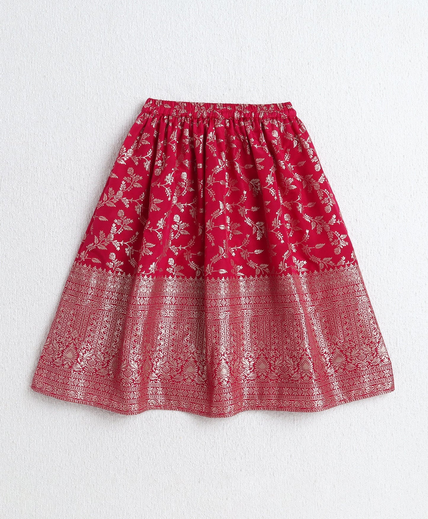 The Magic Wand Jacquard Woven Half Sleeves Leaves Foil Printed & Gota Lace Embellished Choli Lehenga With Dupatta Set- Fuchisa