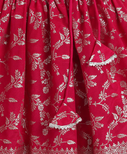 The Magic Wand Jacquard Woven Half Sleeves Leaves Foil Printed & Gota Lace Embellished Choli Lehenga With Dupatta Set- Fuchisa