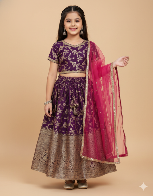 Foil Printed & Gota Lace Jacquard Woven Embellished Choli Lehenga With Dupatta Set-Purple