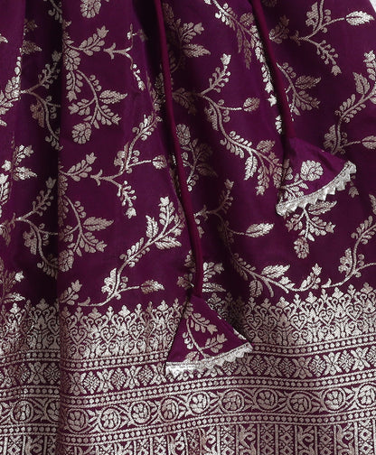 The Magic Wand Jacquard Woven Half Sleeves Leaves Foil Printed & Gota Lace Embellished Choli Lehenga With Dupatta Set-Purple