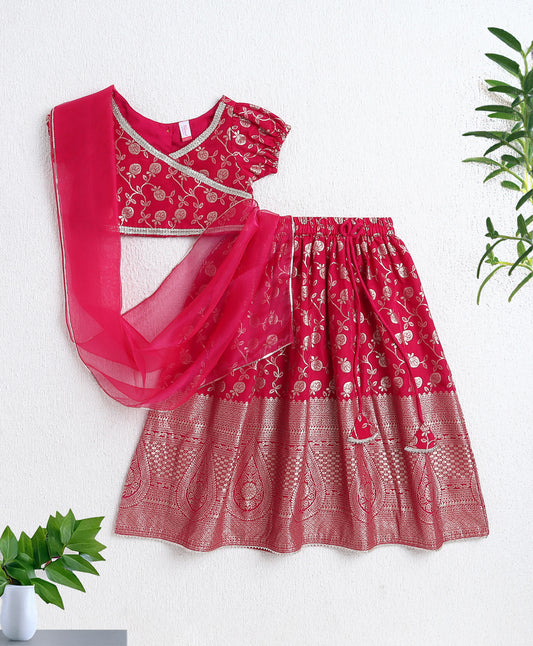 The Magic Wand Jacquard Woven Half Sleeves Leaves Foil Printed & Gota Lace Embellished Choli Lehenga With Dupatta Set Fuchisa