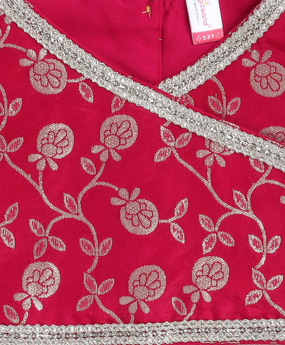 The Magic Wand Jacquard Woven Half Sleeves Leaves Foil Printed & Gota Lace Embellished Choli Lehenga With Dupatta Set Fuchisa