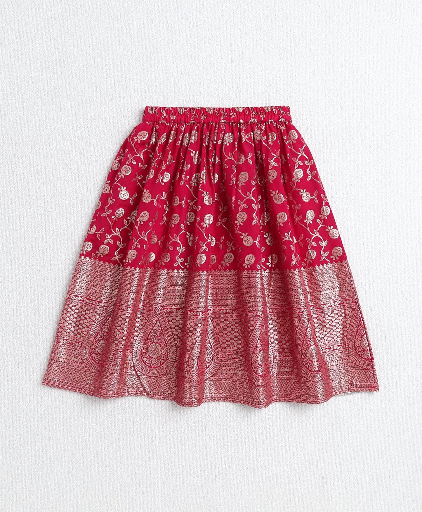 The Magic Wand Jacquard Woven Half Sleeves Leaves Foil Printed & Gota Lace Embellished Choli Lehenga With Dupatta Set Fuchisa