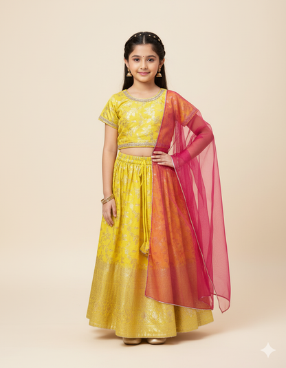 Foil Printed & Woven Half Sleeves Leaves Gota Lace Embellished Choli Lehenga With Dupatta Set- Yellow
